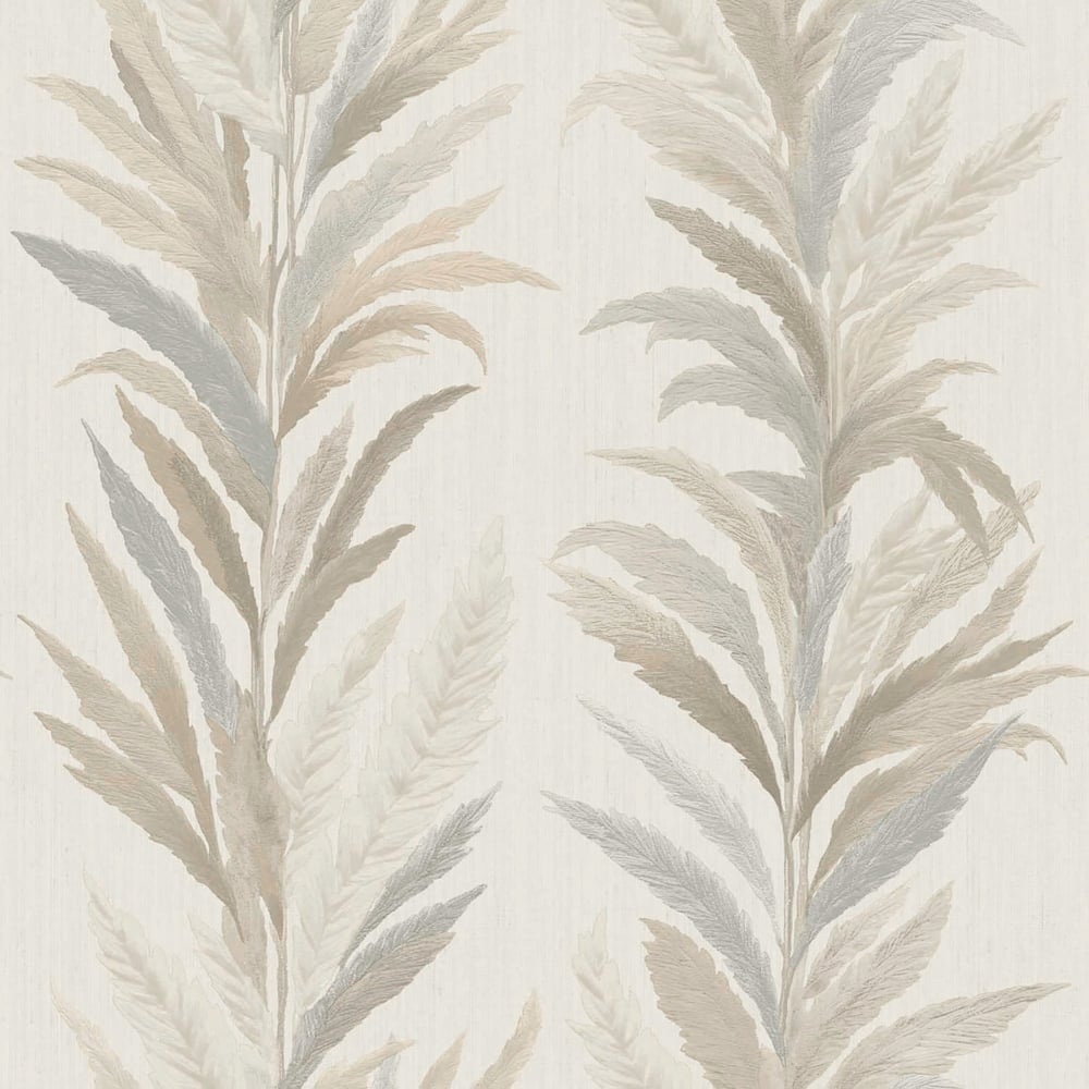 Neutral botanical wallpaper with soft beige and taupe palm-frond motifs on cream.