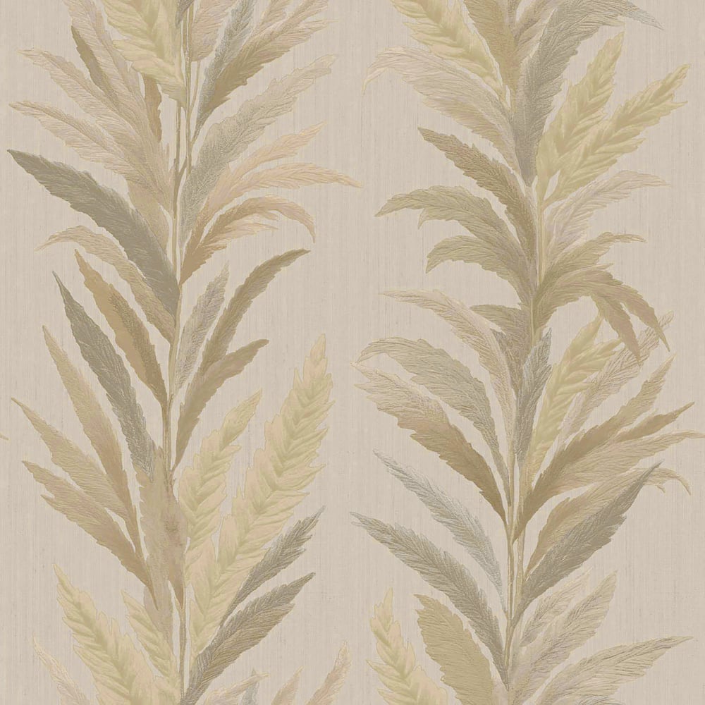 Neutral palm-leaf wallpaper with cream and taupe fronds on a beige background; tropical botanical wallcovering.