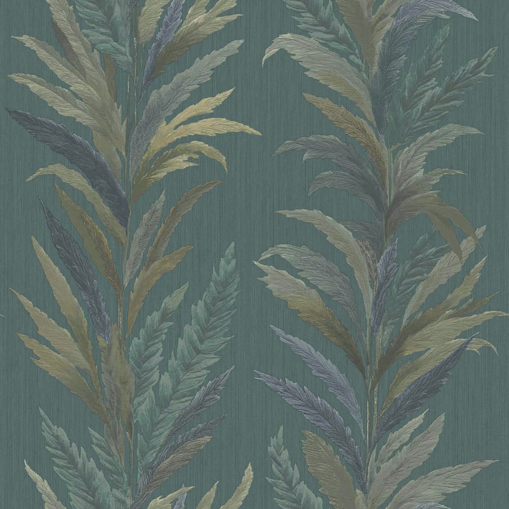 Teal wallpaper with vertical feathery palm fronds in muted gold, olive, teal and lavender; decorative tropical motif.
