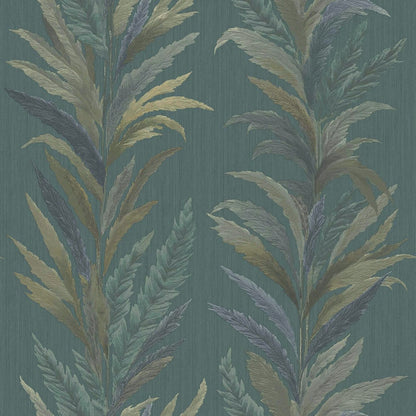 Teal wallpaper with vertical feathery palm fronds in muted gold, olive, teal and lavender; decorative tropical motif.