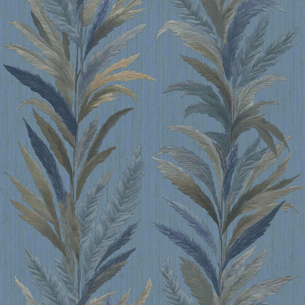 Blue botanical wallpaper with tall, feathered leaves in beige, tan, and navy on a textured blue background.
