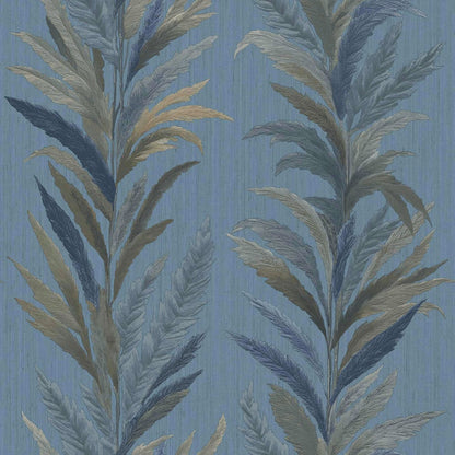 Blue botanical wallpaper with tall, feathered leaves in beige, tan, and navy on a textured blue background.
