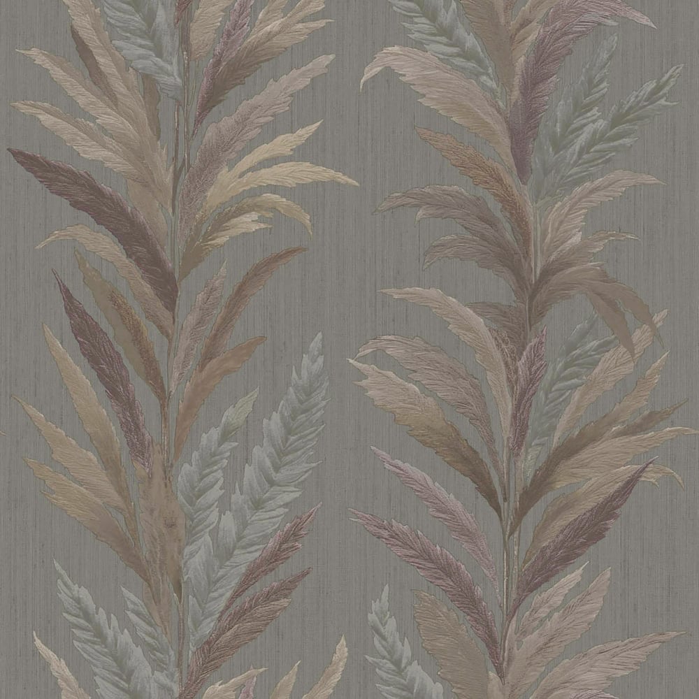 Muted gray wallpaper featuring tall palm fronds in beige, taupe, sage and mauve tones.