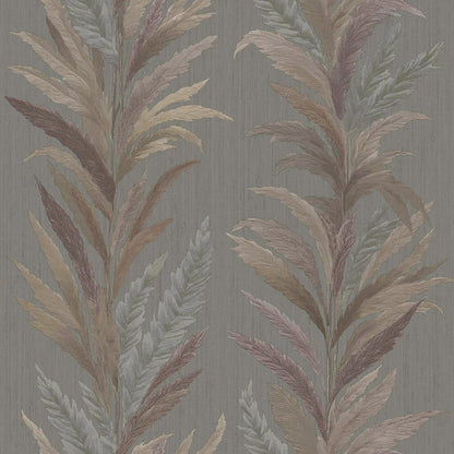 Muted gray wallpaper featuring tall palm fronds in beige, taupe, sage and mauve tones.