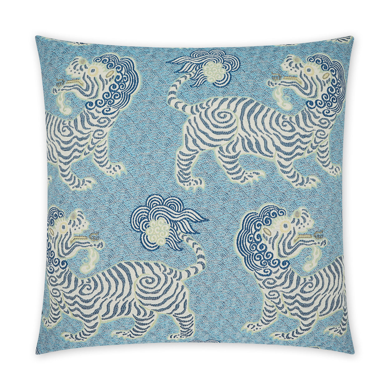 Square blue decorative pillow with repeating white tigers, navy stripes and pale yellow accents in a textured pattern.