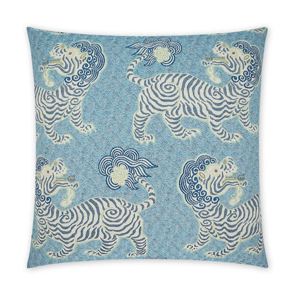 Square blue decorative pillow with repeating white tigers, navy stripes and pale yellow accents in a textured pattern.