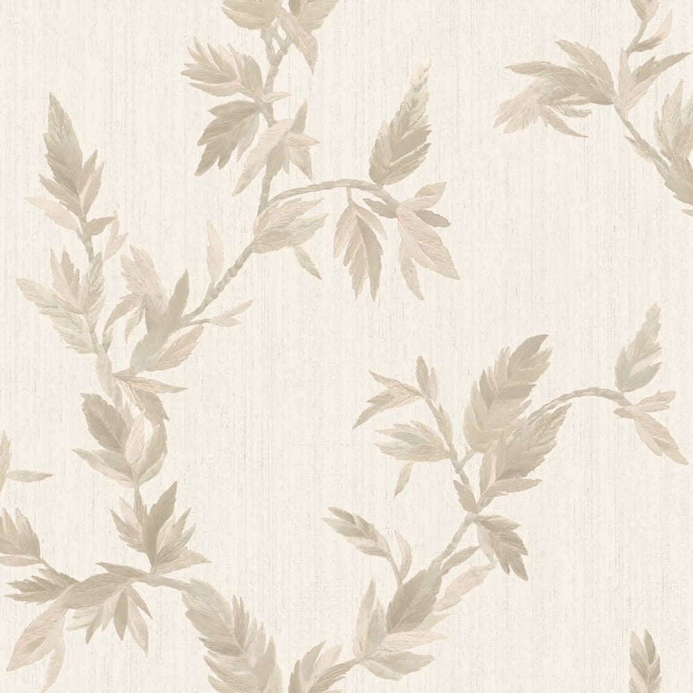 Cream linen-textured wallpaper with taupe leafy vine pattern.