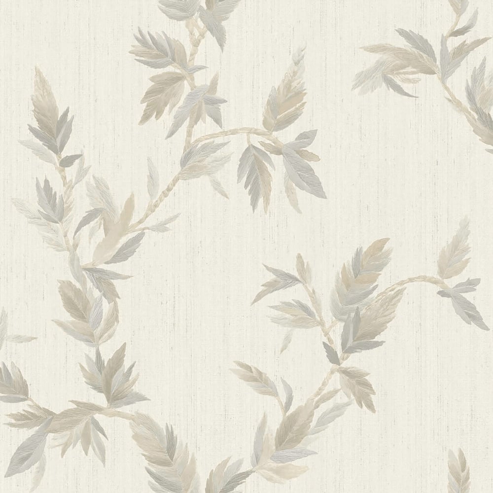 Beige botanical wallpaper featuring pale taupe leaves and vines on a textured cream background.