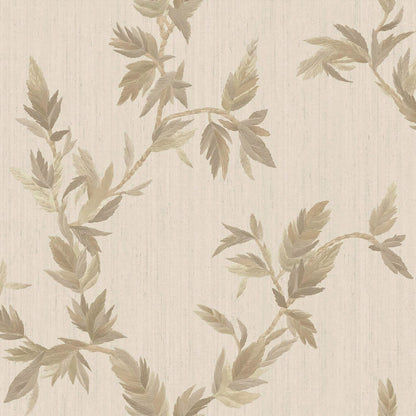 Beige textured wallpaper with tan leafy vines in a botanical pattern for walls.