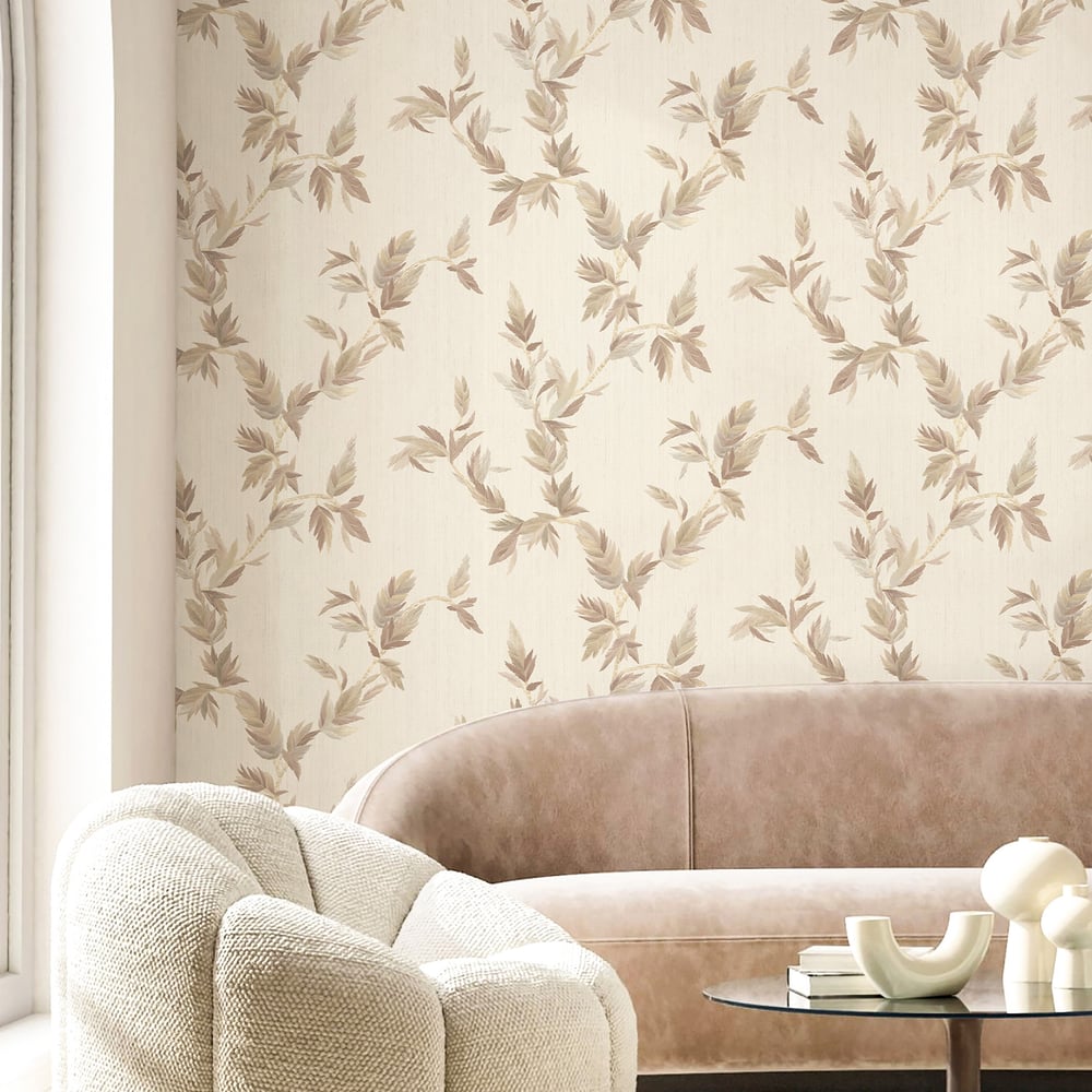 Beige wallpaper featuring a subtle embossed thin leaf pattern in brown.