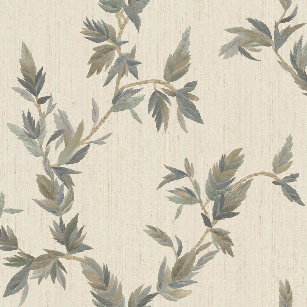Beige linen-textured wallpaper with muted olive and blue-gray leafy vines in a botanical pattern.