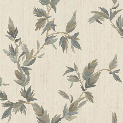 Beige linen-textured wallpaper with muted olive and blue-gray leafy vines in a botanical pattern.
