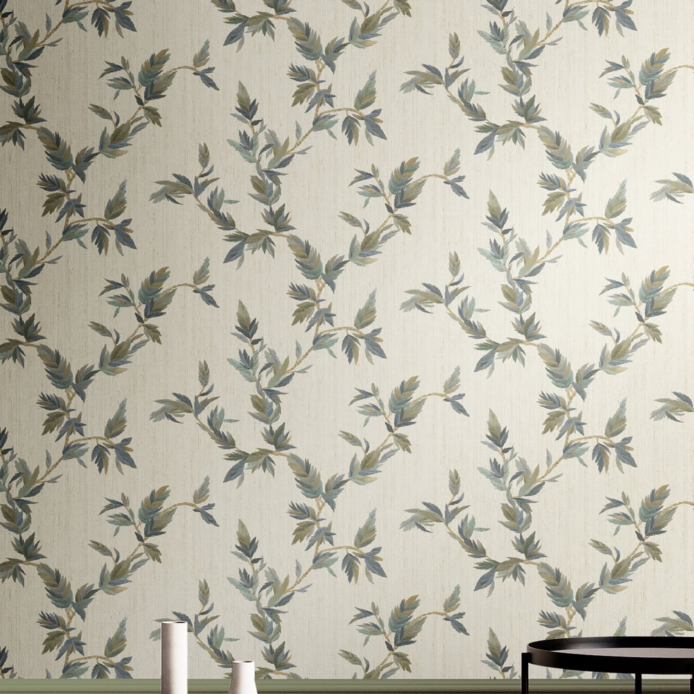 Beige wallpaper featuring a repeating green embossed leafy vine pattern with curved branches.