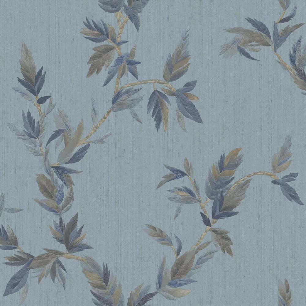 Light blue textured wallpaper featuring blue-gray and beige leafy vine pattern.