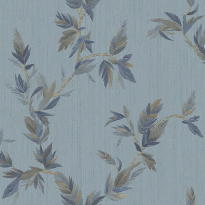 Light blue textured wallpaper featuring blue-gray and beige leafy vine pattern.