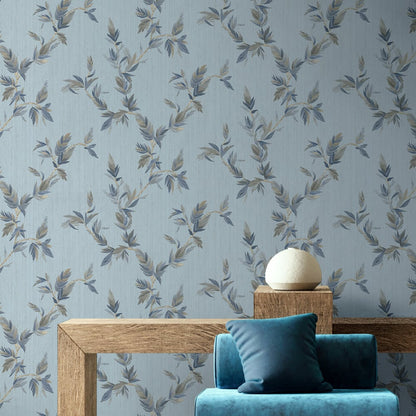 Blue wallpaper with a thin leaf motif and gold embossing.