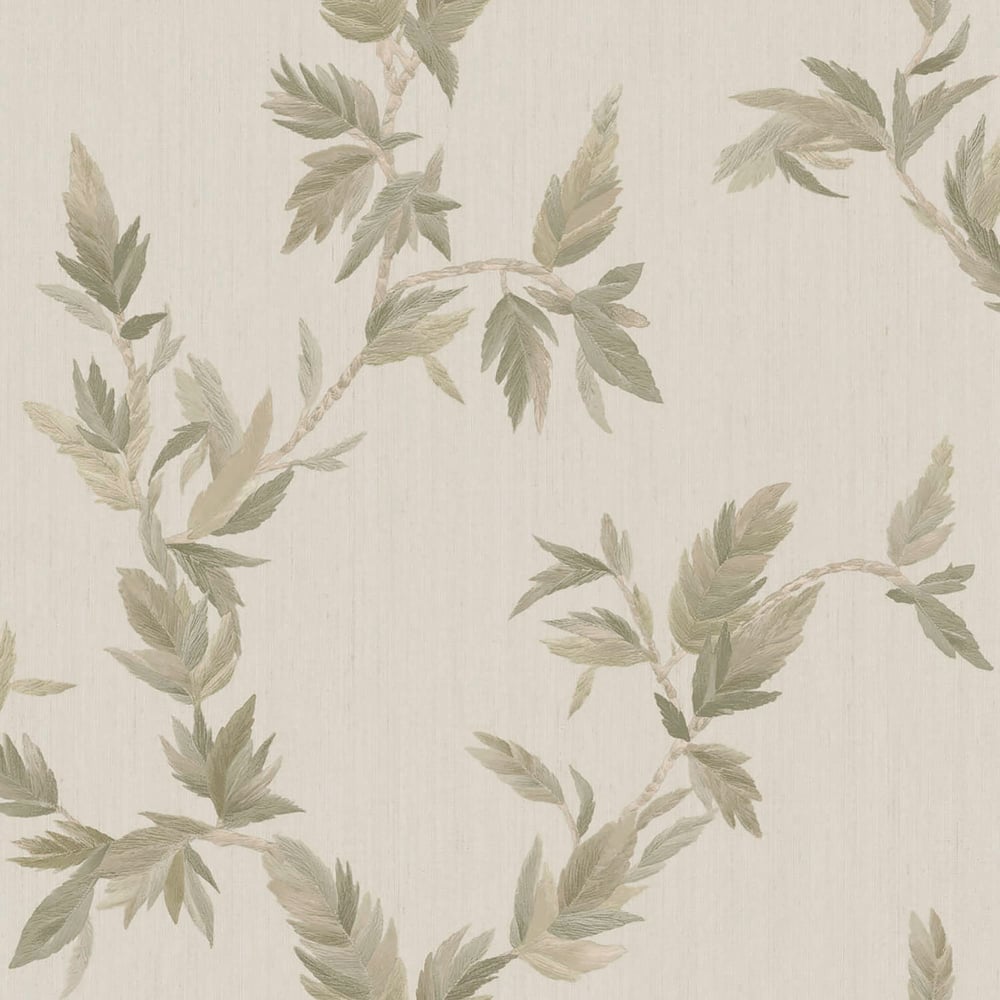 Beige wallpaper with sage-green olive leaf vine pattern and subtle woven texture.