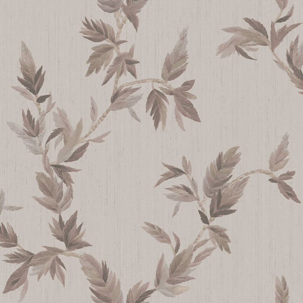 Grey wallpaper with a gold embossed thin leaf pattern.