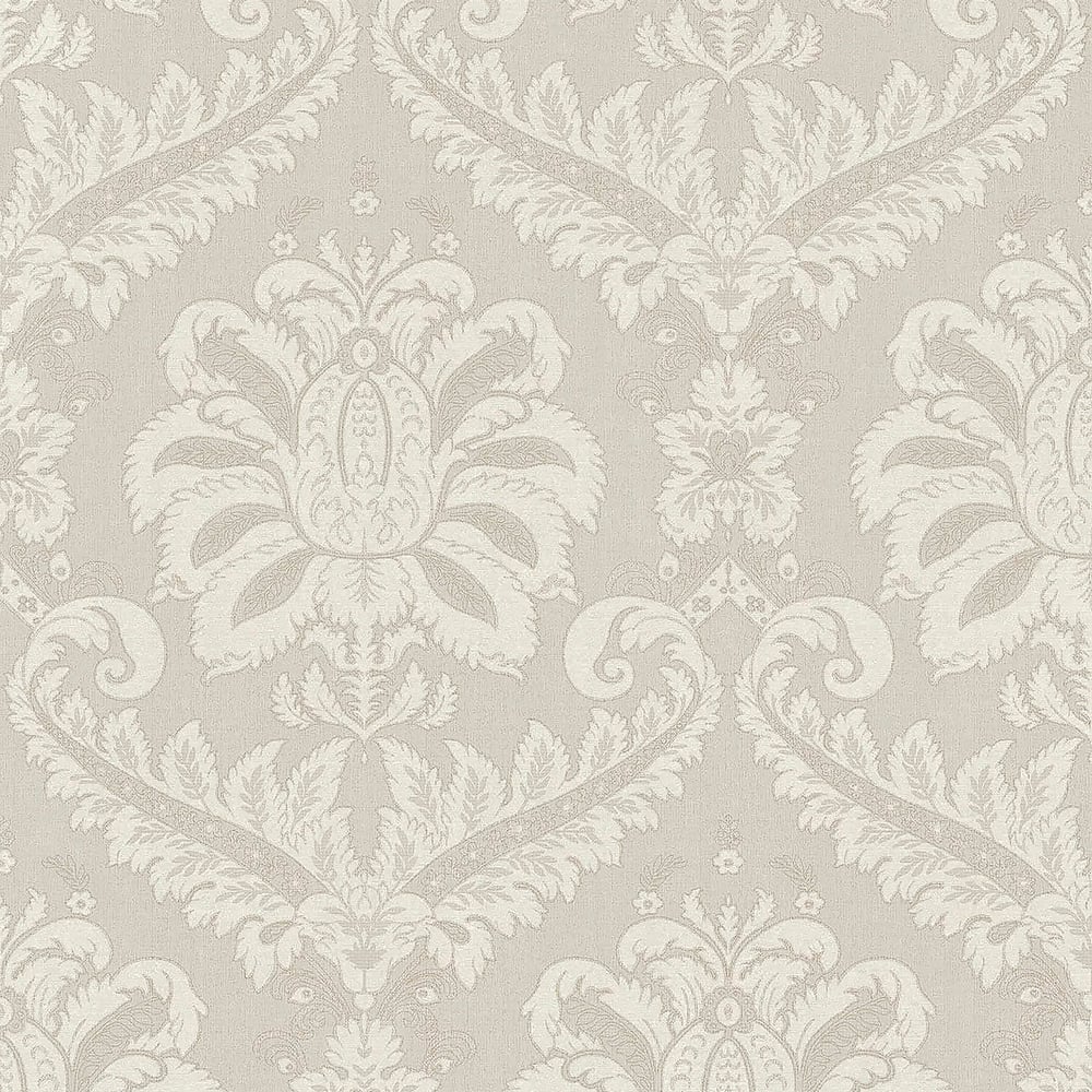 Beige wallpaper with cream damask floral scroll pattern, vintage elegant style.