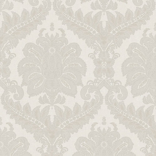 Grey textured damask wallpaper with large floral medallions and scrolling motifs; traditional, elegant home decor.