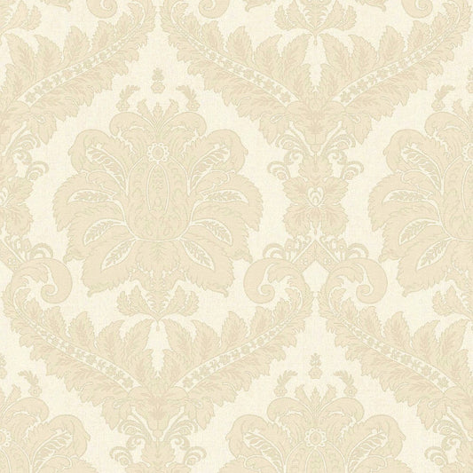 Beige damask wallpaper with cream floral medallions and scrolling motifs; elegant vintage damask pattern for walls.