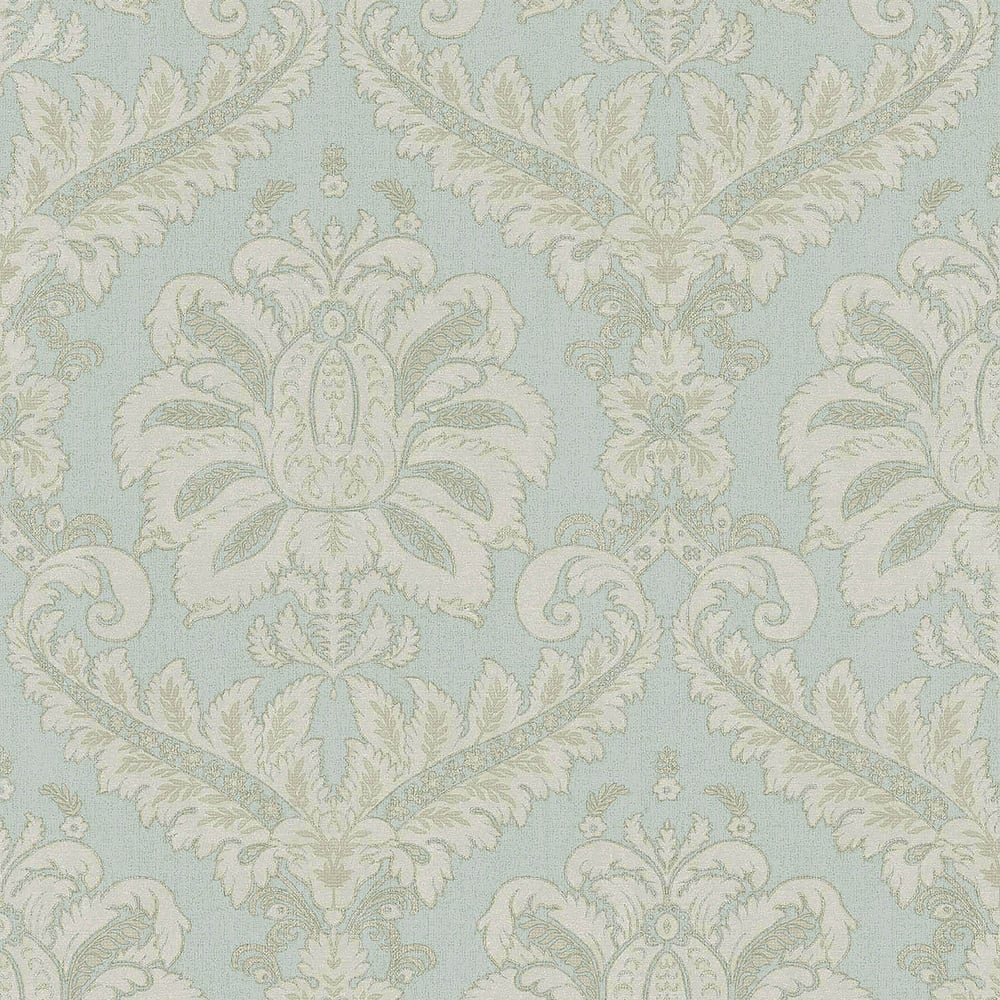 Damask wallpaper in blue and cream with ornate floral motifs on a light background; traditional classic damask style.