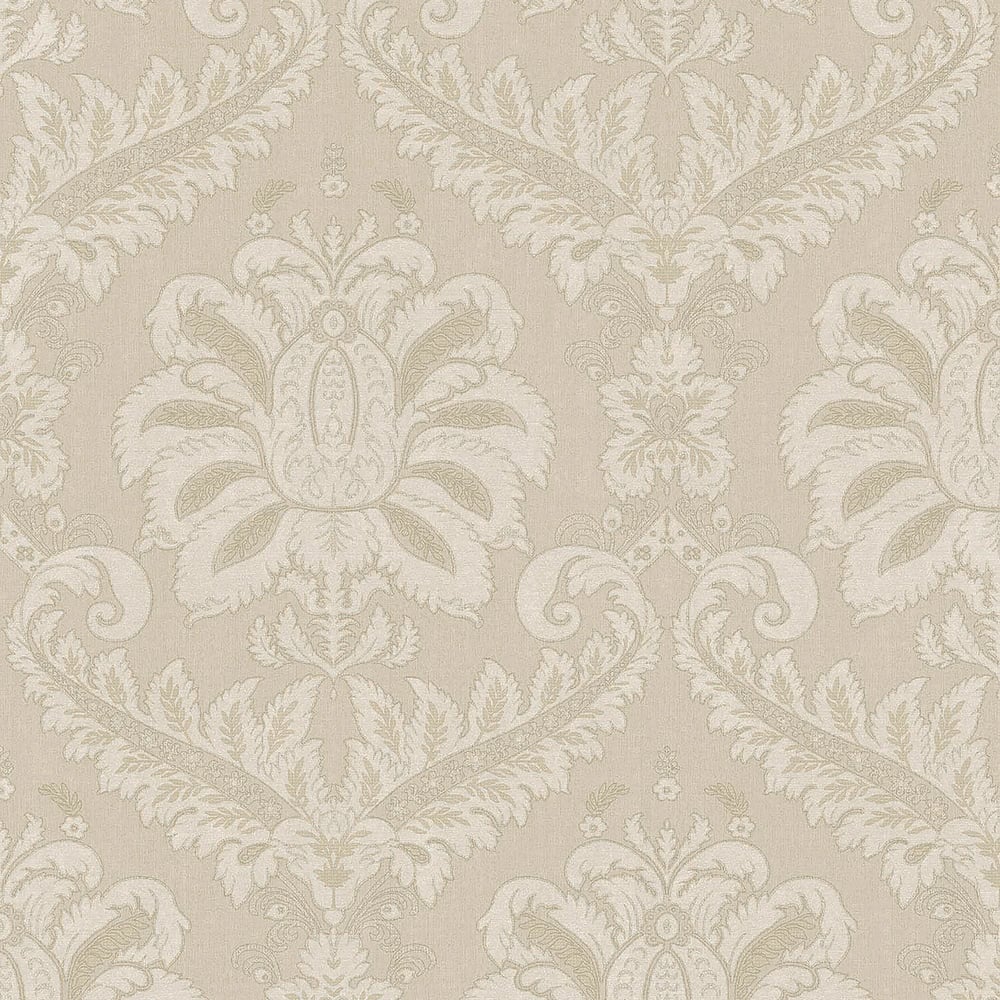 Beige damask wallpaper with ivory scrolling floral motifs in an elegant classic pattern.
