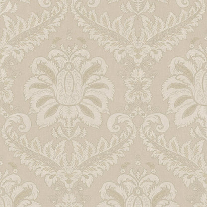 Beige damask wallpaper with ivory scrolling floral motifs in an elegant classic pattern.