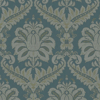 Green and gold textured damask wallpaper with ornate floral medallions and scrolling motifs.