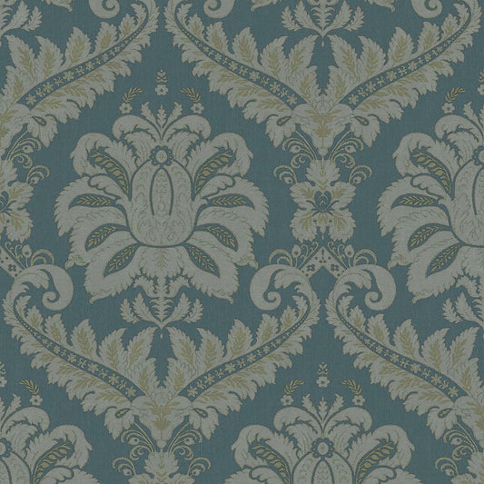 Green and gold textured damask wallpaper with ornate floral medallions and scrolling motifs.