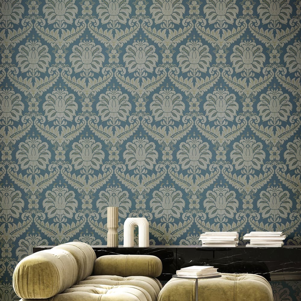 Green & gold textured damask wallpaper with a traditional damask pattern.