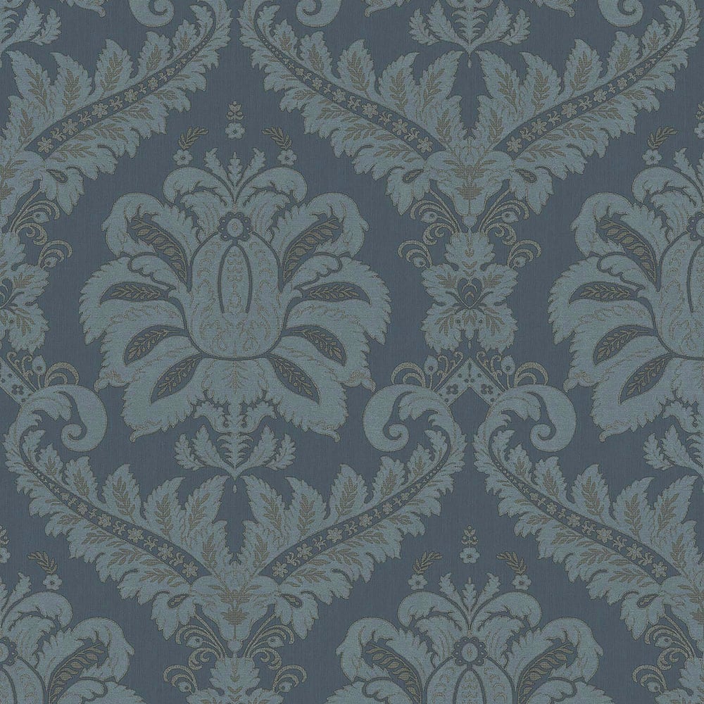 Blue and gold damask pattern with a textured look on a muted background; traditional wallcovering design.