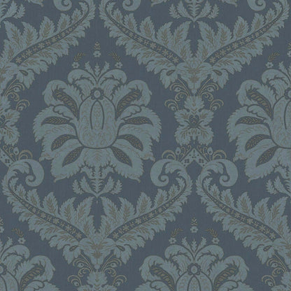 Blue and gold damask pattern with a textured look on a muted background; traditional wallcovering design.