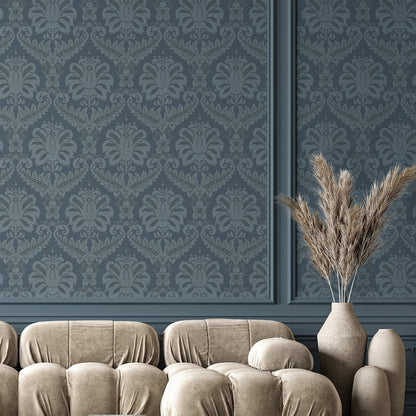 Blue and gold traditional damask wallpaper with a textured finish.