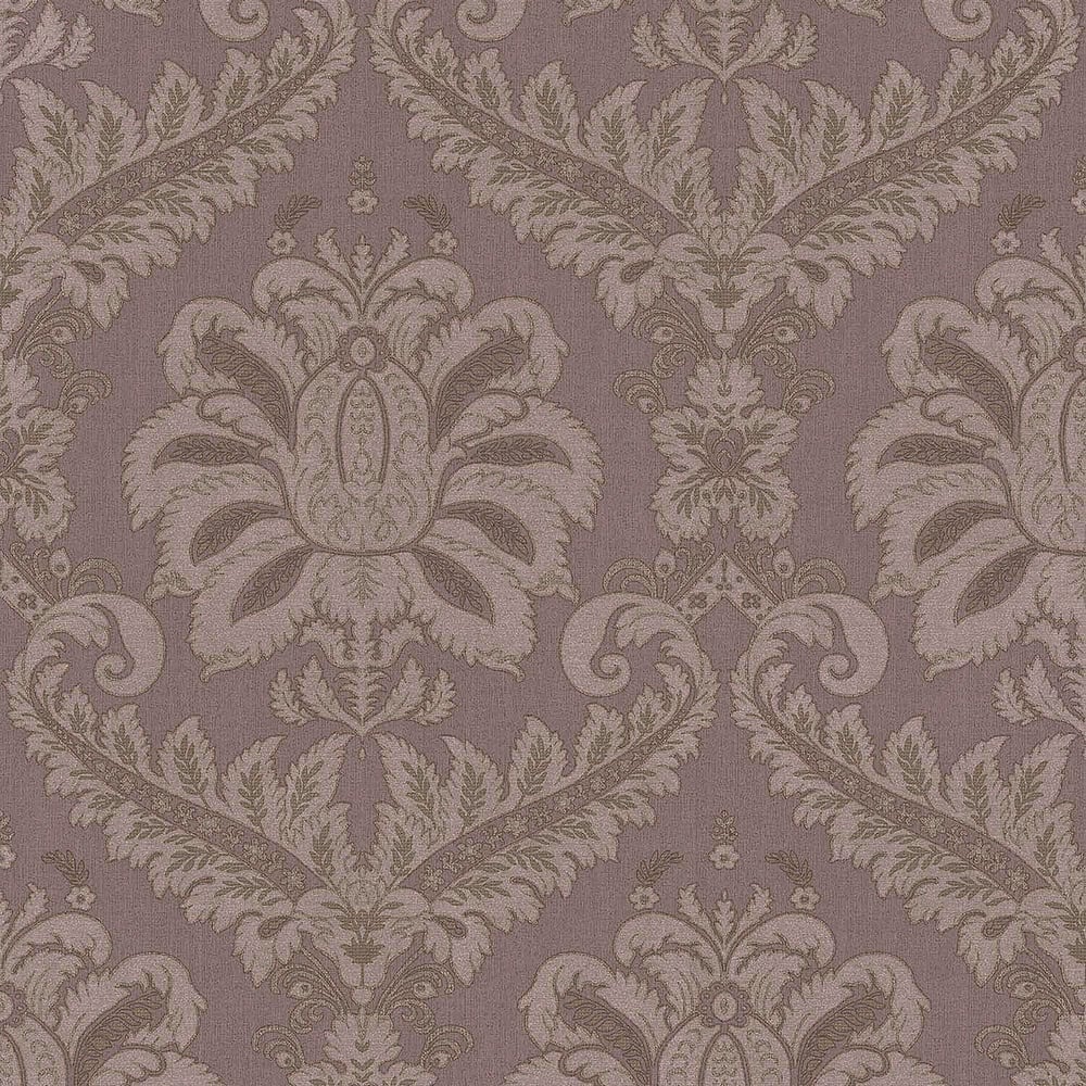Purple mauve damask wallpaper with beige ornate floral medallions and scrolling vines.