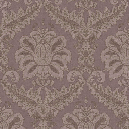 Purple mauve damask wallpaper with beige ornate floral medallions and scrolling vines.