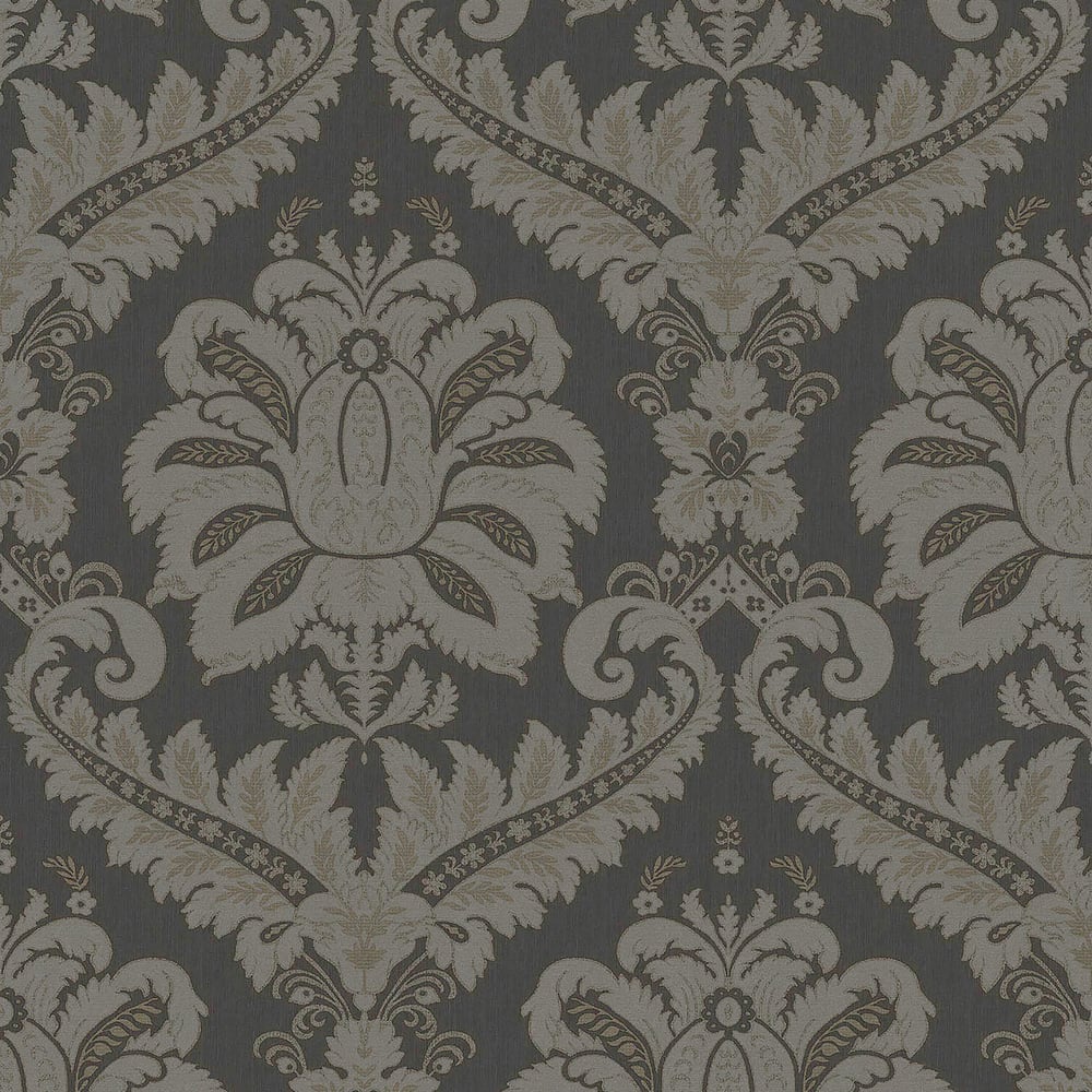 Anthracite grey textured damask wallpaper with ornate vintage floral motifs for walls.