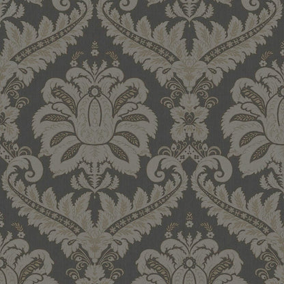 Anthracite grey textured damask wallpaper with ornate vintage floral motifs for walls.