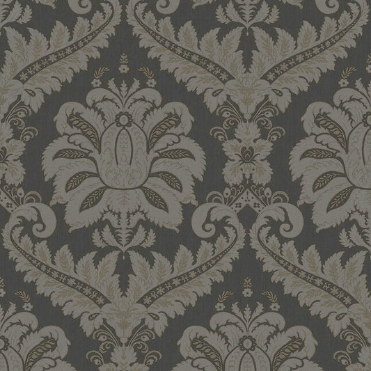 Anthracite grey textured damask wallpaper with ornate vintage floral motifs for walls.