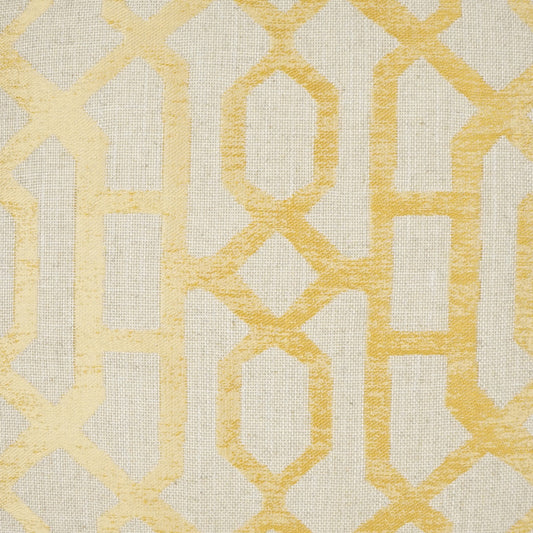 Beige linen fabric with golden-yellow geometric lattice pattern; warm woven texture for upholstery or curtains.