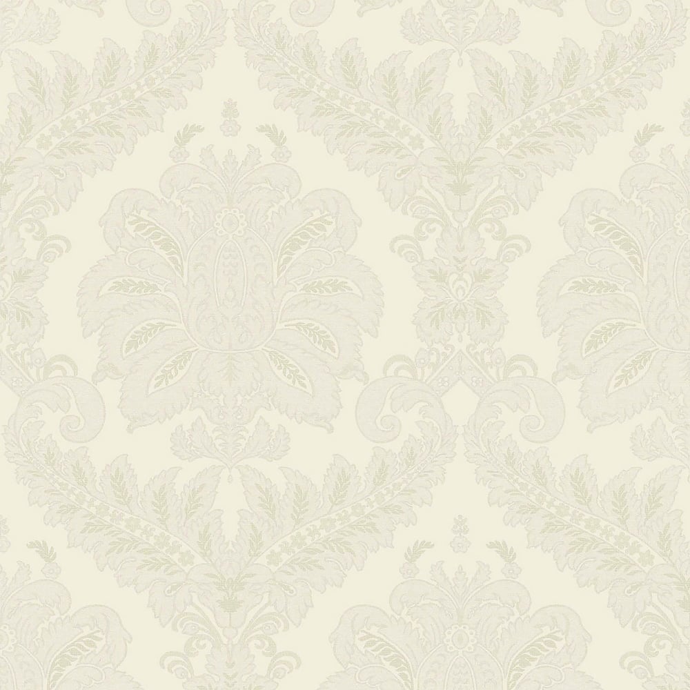 Cream damask wallpaper with ornate scrolling floral motif and leafy embellishments in beige tones.
