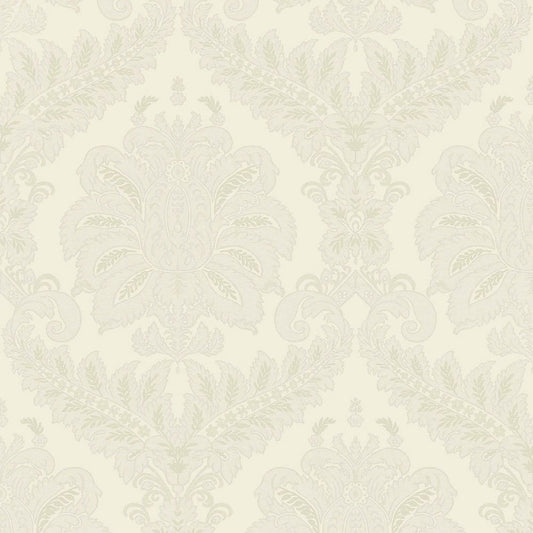 Cream damask wallpaper with ornate scrolling floral motif and leafy embellishments in beige tones.