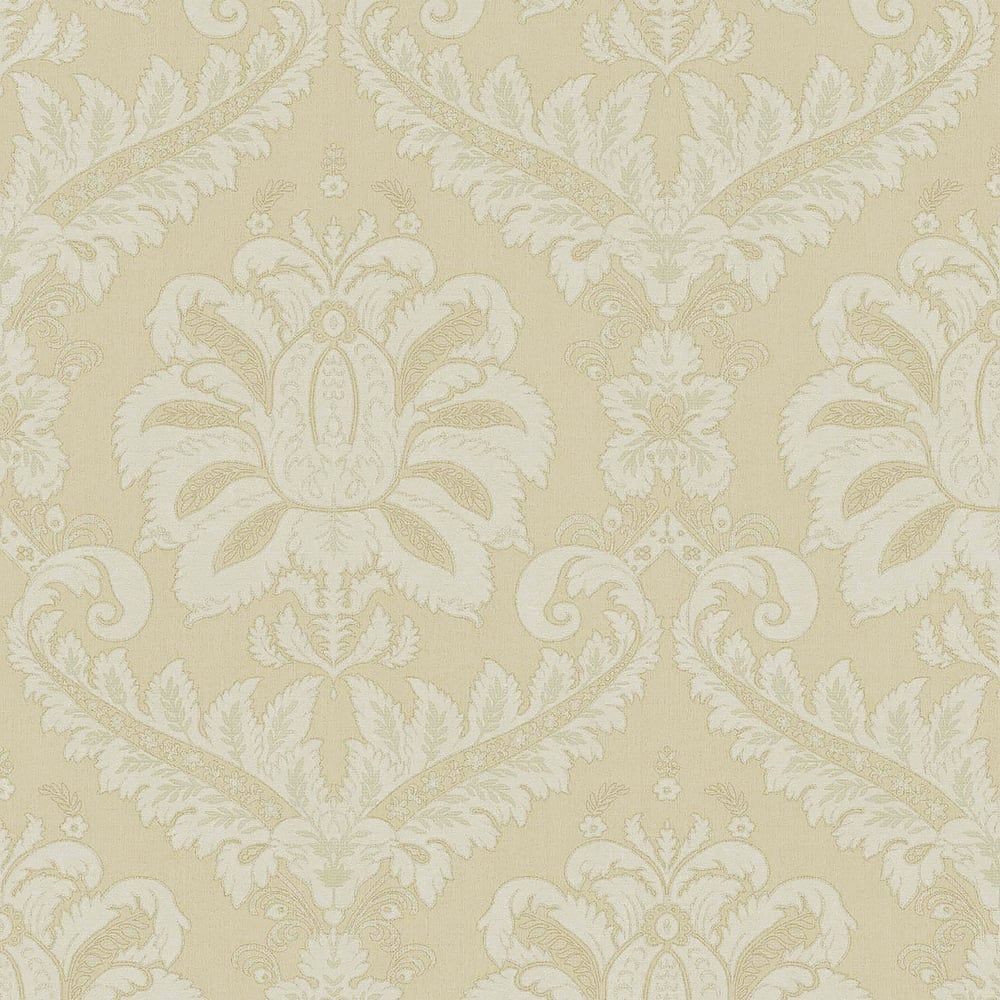 Cream textured damask wallpaper with beige and ivory ornate floral medallions and scrolling motifs.