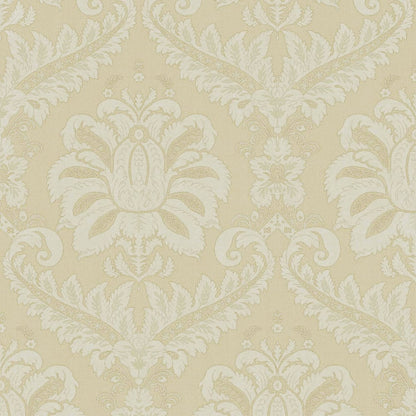 Cream textured damask wallpaper with beige and ivory ornate floral medallions and scrolling motifs.