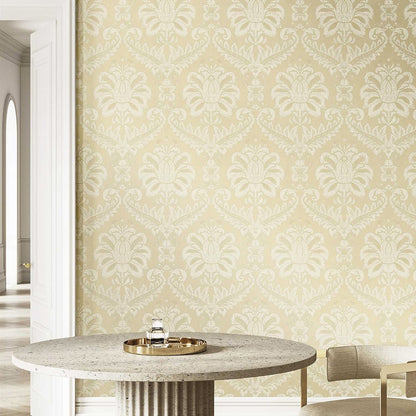 Cream textured traditional damask wallpaper on the wall in a modern classic living space.