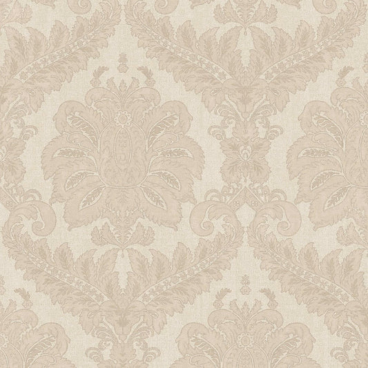 Cream damask wallpaper with beige and brown textured pattern; ornamental wall covering.