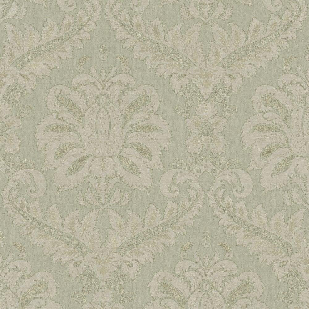 Sage green damask wallpaper with ivory floral scrolls in a classic ornate pattern.