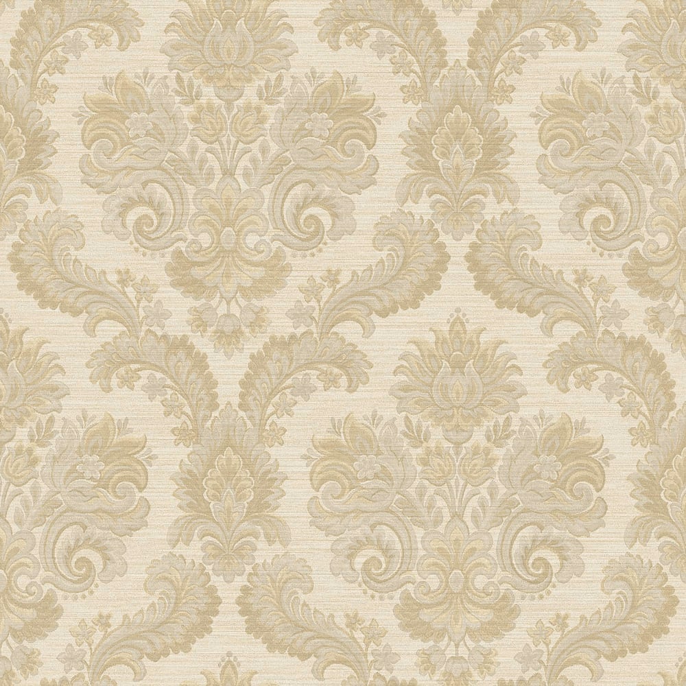Beige damask wallpaper with gold-toned ornate floral scroll pattern for a classic elegant wall look.