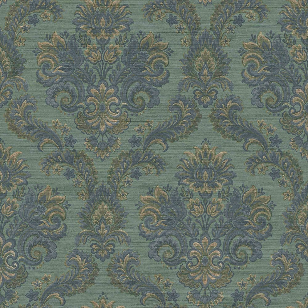 Green and blue damask wallpaper with ornate floral scroll pattern and textured finish for traditional decor.