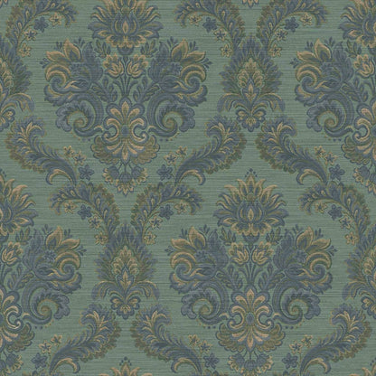 Green and blue damask wallpaper with ornate floral scroll pattern and textured finish for traditional decor.